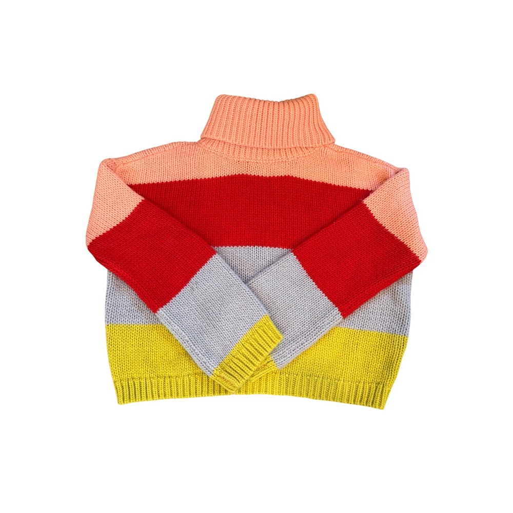 Lumiere Womens Colorblock Chunky Knit Turtleneck Sweater Coral Red Grey Yellow S